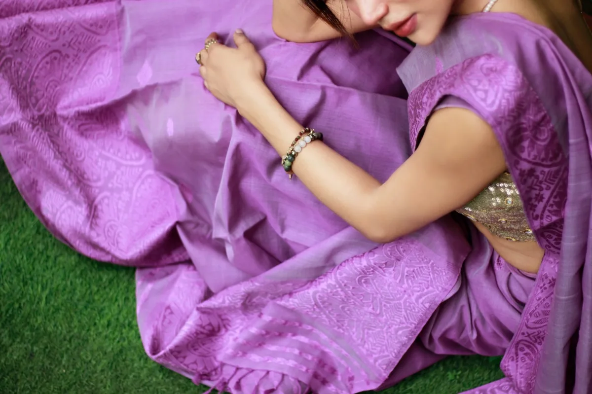 Orfab purple silk fabric detail